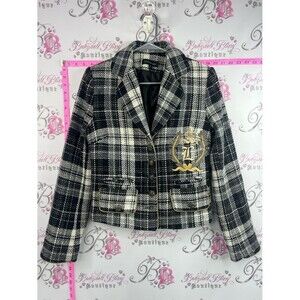 Coco & Tashi  blazer Black & White Plaid Cropped Blazer with Gold Crest Detail